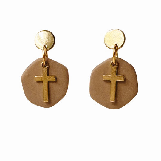 Brown Cross Clay Earrings - Spiritual, Easter, Gifts