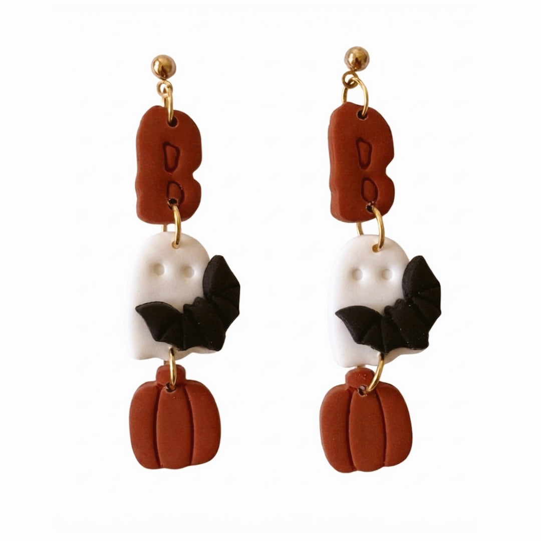 "BOO" Letter Dangle Earrings – Ghost, Bat & Pumpkin Halloween