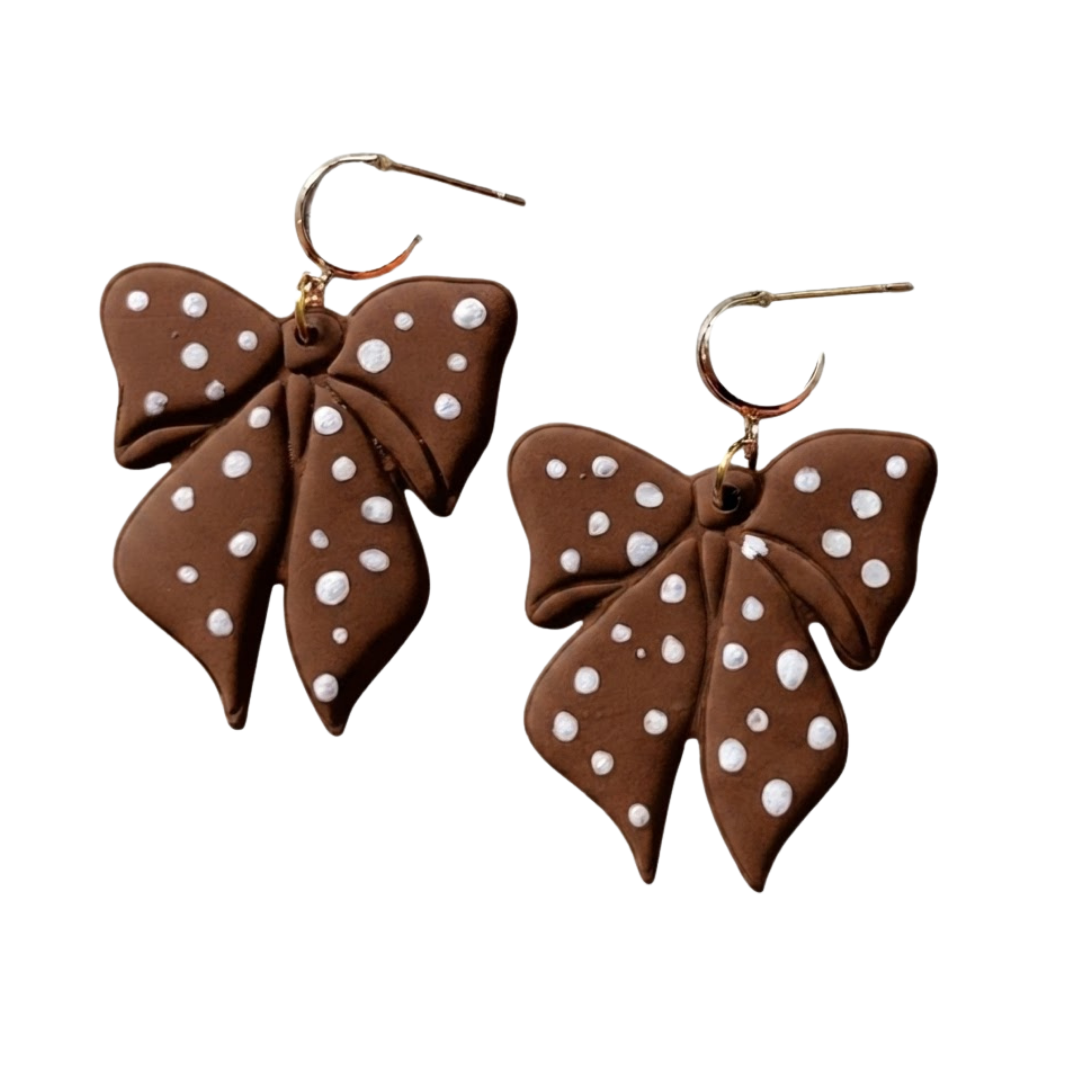 Bow Huggie Earrings – Brown & White Polka Dot