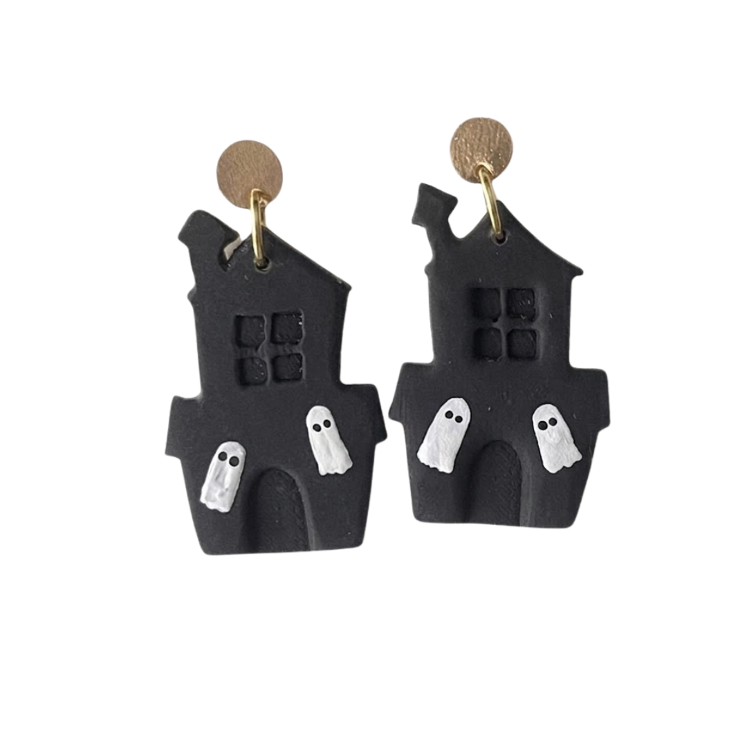 Haunted House Dangle Earrings – Black & White Halloween