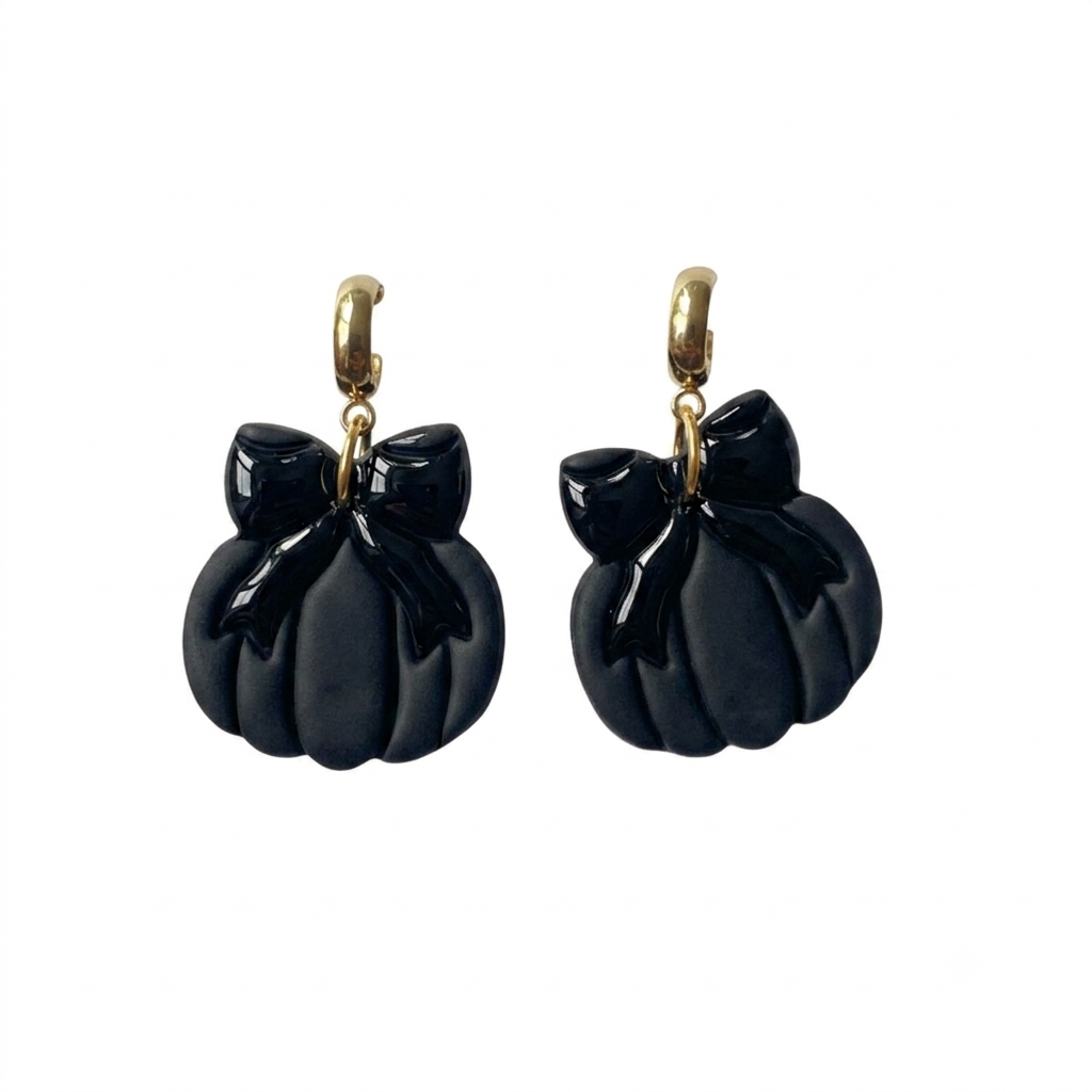 Pumpkin & Bow Huggie Earrings – Black Halloween & Fall