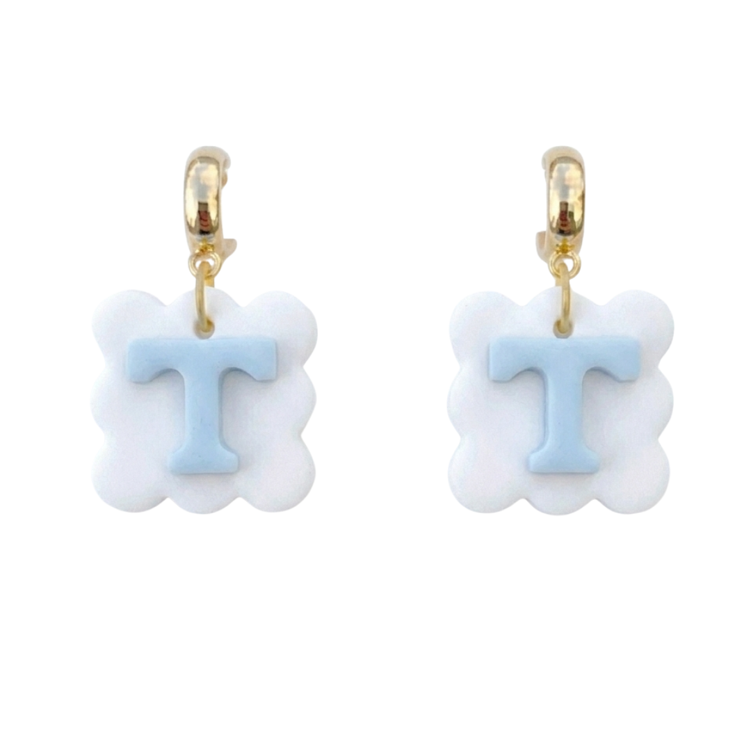 Tennessee Power T Scallop Huggie Earrings – White, Gold & Pale Blue
