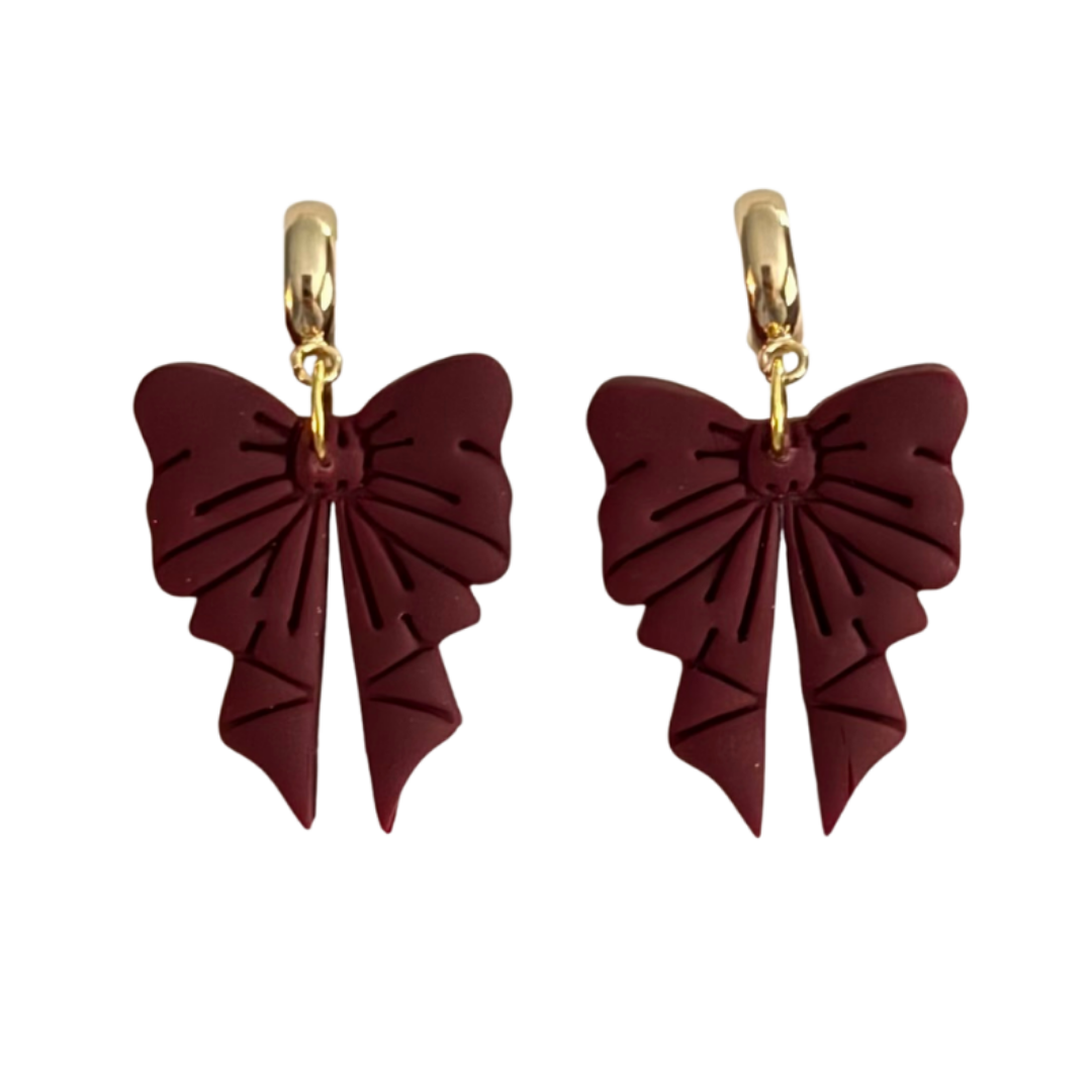 Burgundy Bow Gold Huggie Hoop Earrings