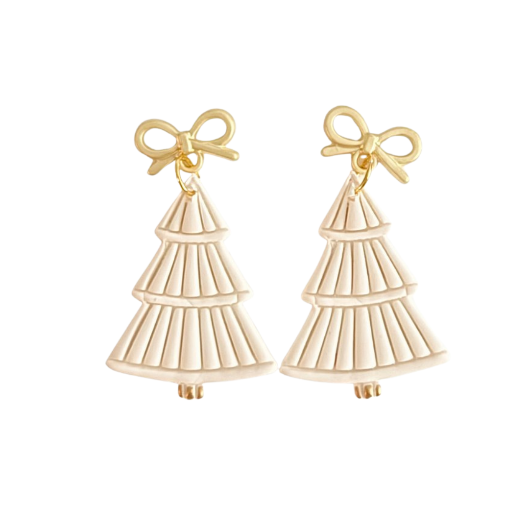 White Christmas Tree Textured Bow Earrings