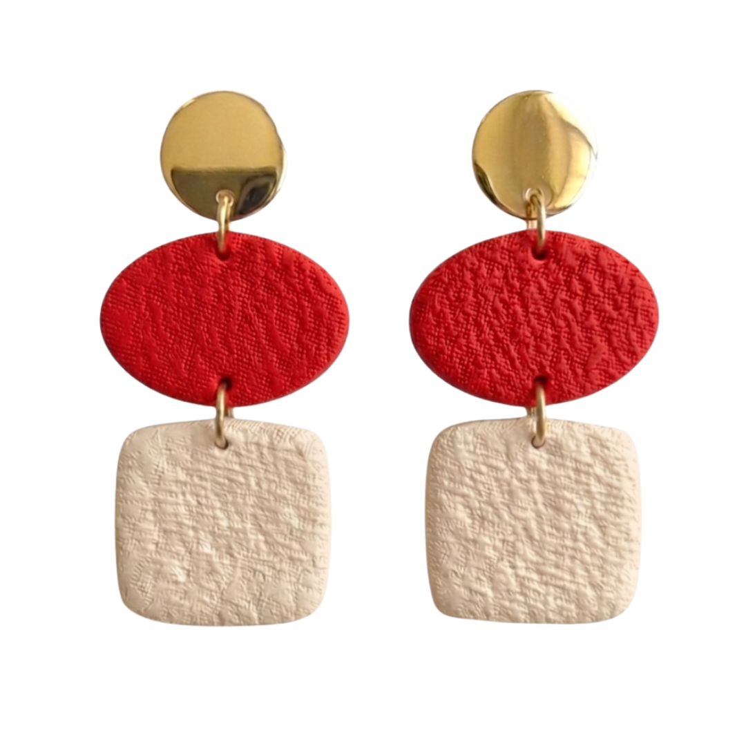 Cream and red textured gameday dangle earrings