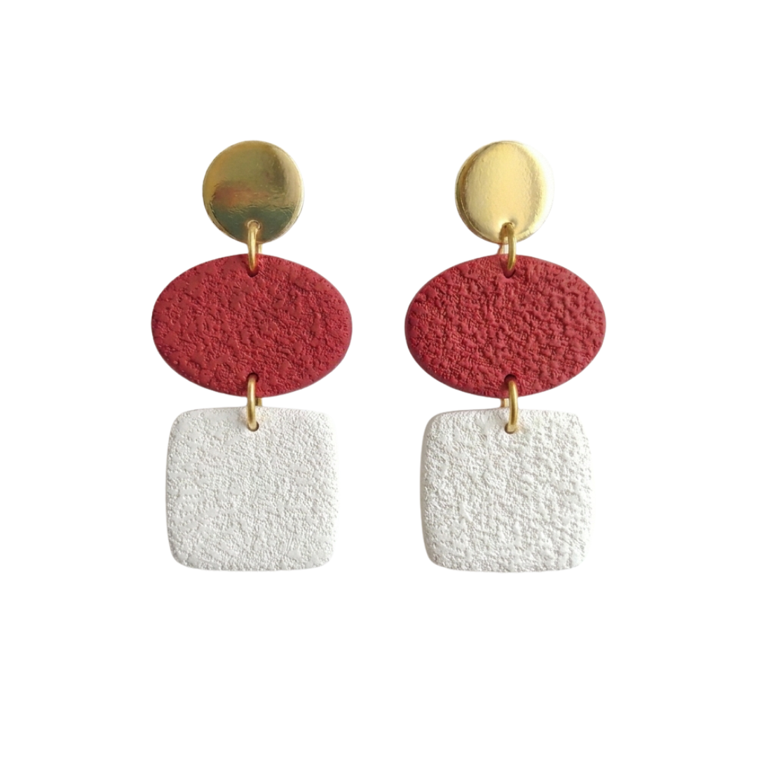 Crimson and white textured gameday dangle earrings
