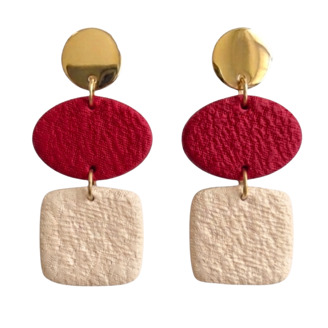 Cream and crimson textured gameday dangle earrings