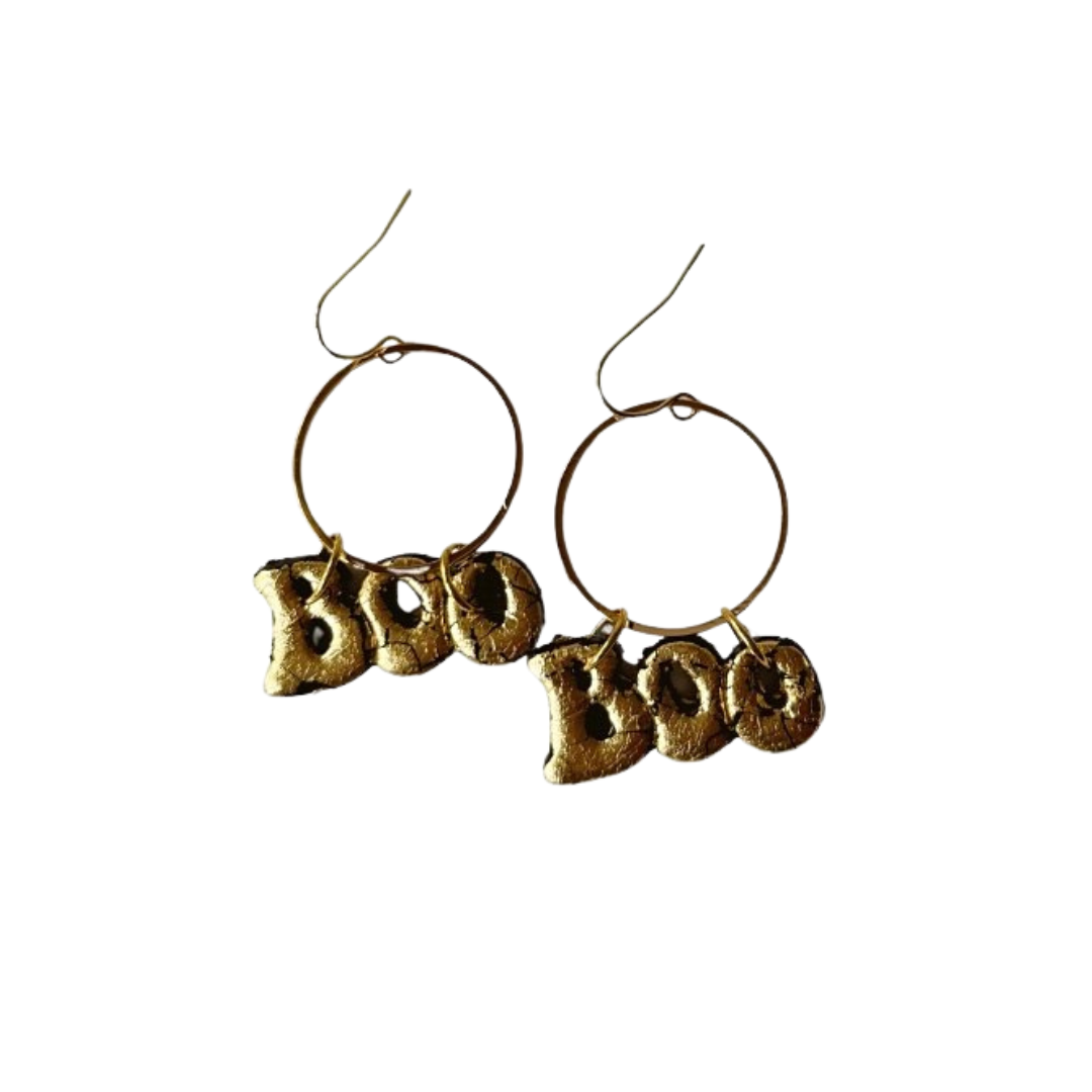 "BOO" Circle Dangle Earrings – Black & Gold Halloween