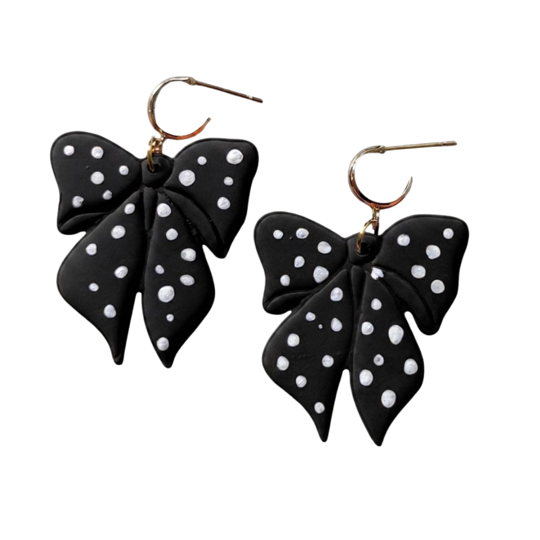 Bow Huggie Earrings – Black & White Polka Dot
