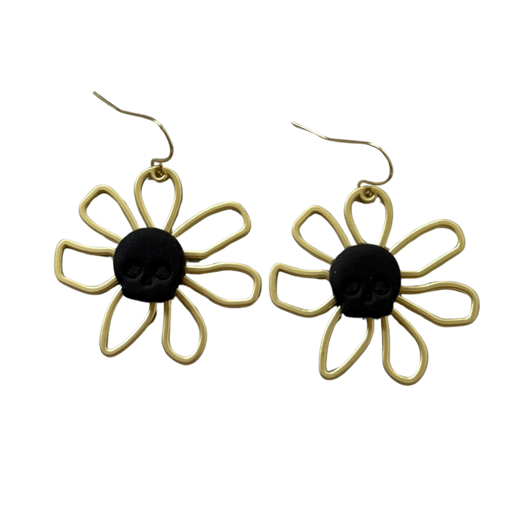Skeleton Flower Dangle Earrings – Black & Gold Halloween Jewelry