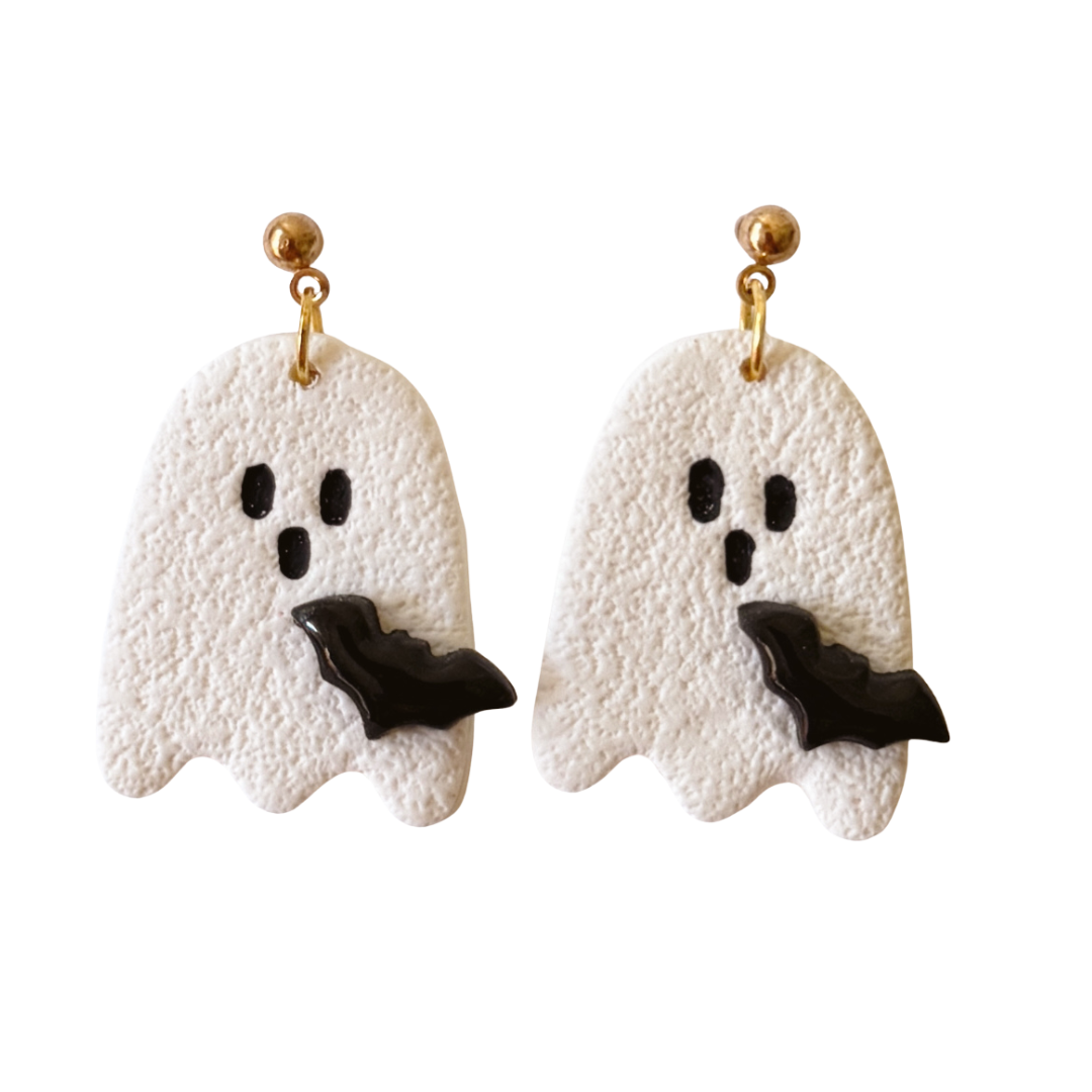 Ghost & Bat Drop Earrings – White & Black Halloween