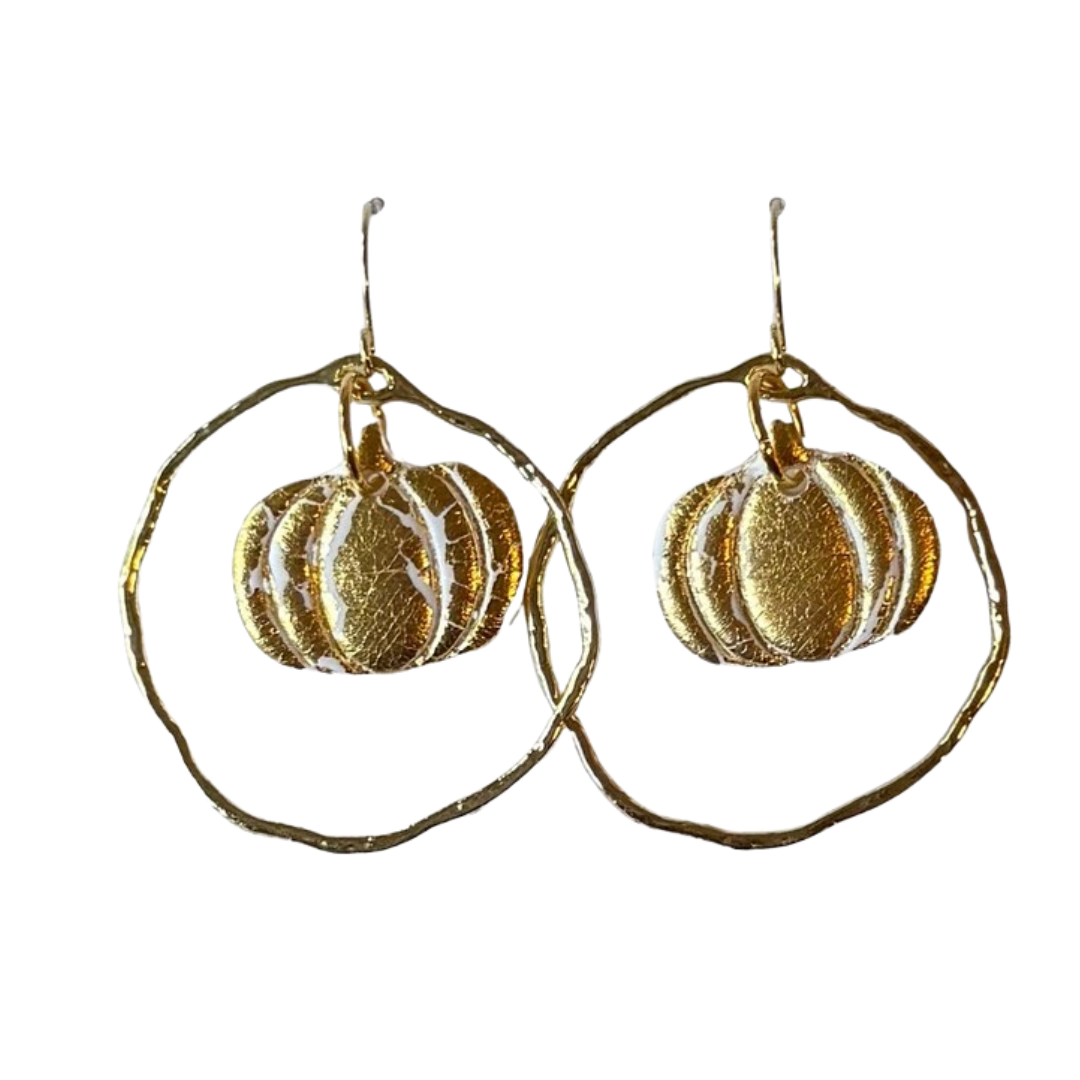 Pumpkin & Hammered Circle Dangle Earrings – Gold Fall