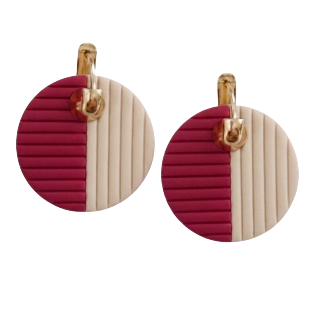 Cream and Crimson color block huggie earrings