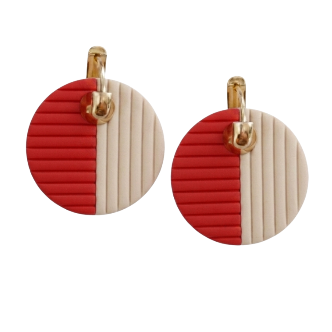 Cream and red color block huggie earrings