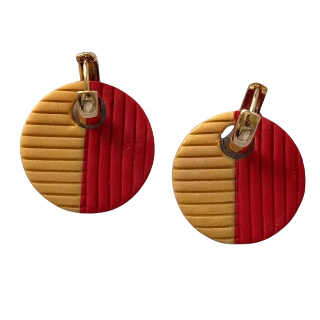 Red and gold color block huggie earrings