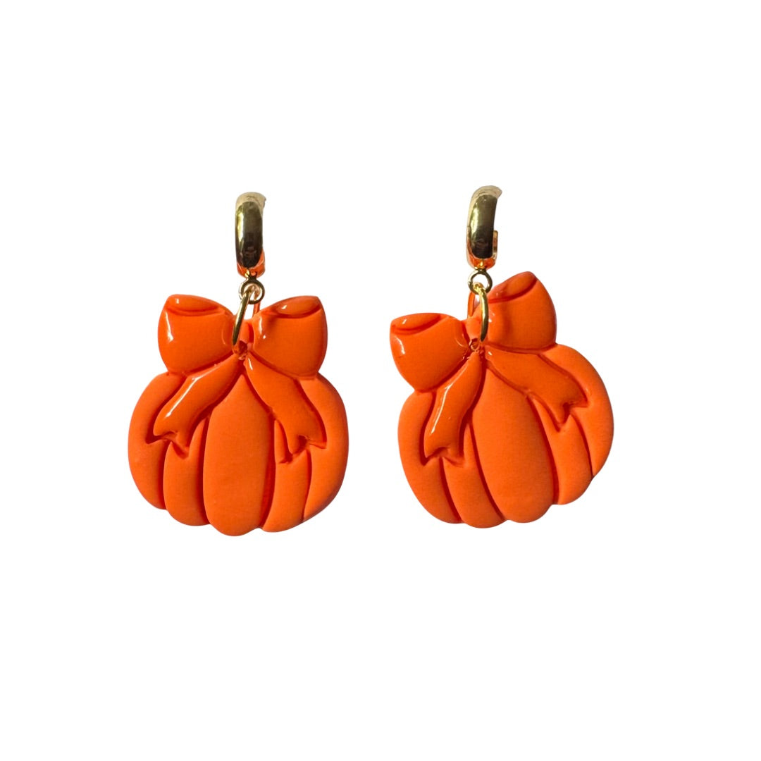 Pumpkin & Bow Huggie Earrings – Orange Fall Jewelry