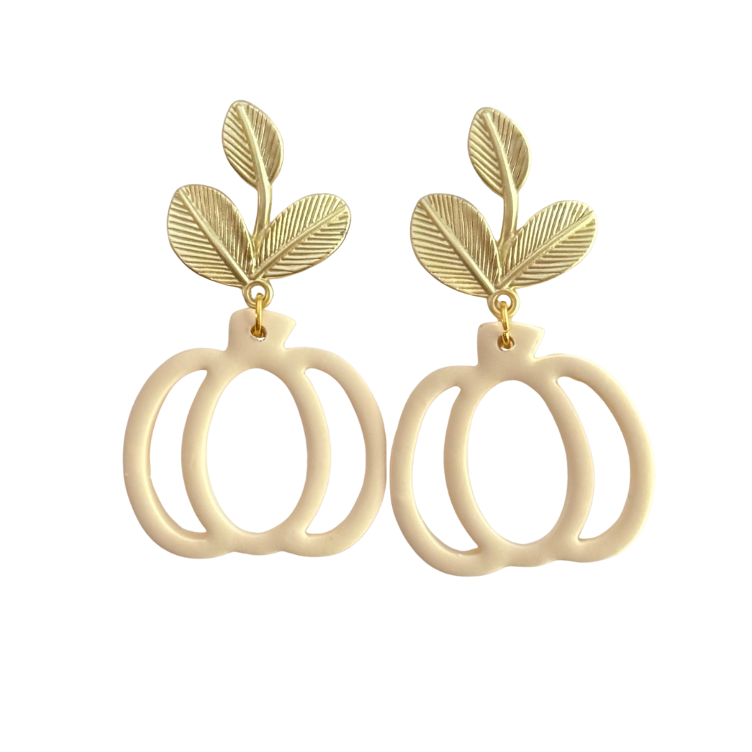 Off white open-cut polymer clay pumpkin drop earrings on gold textured leaf stem studs, handmade by Sweet Tree Jewelry