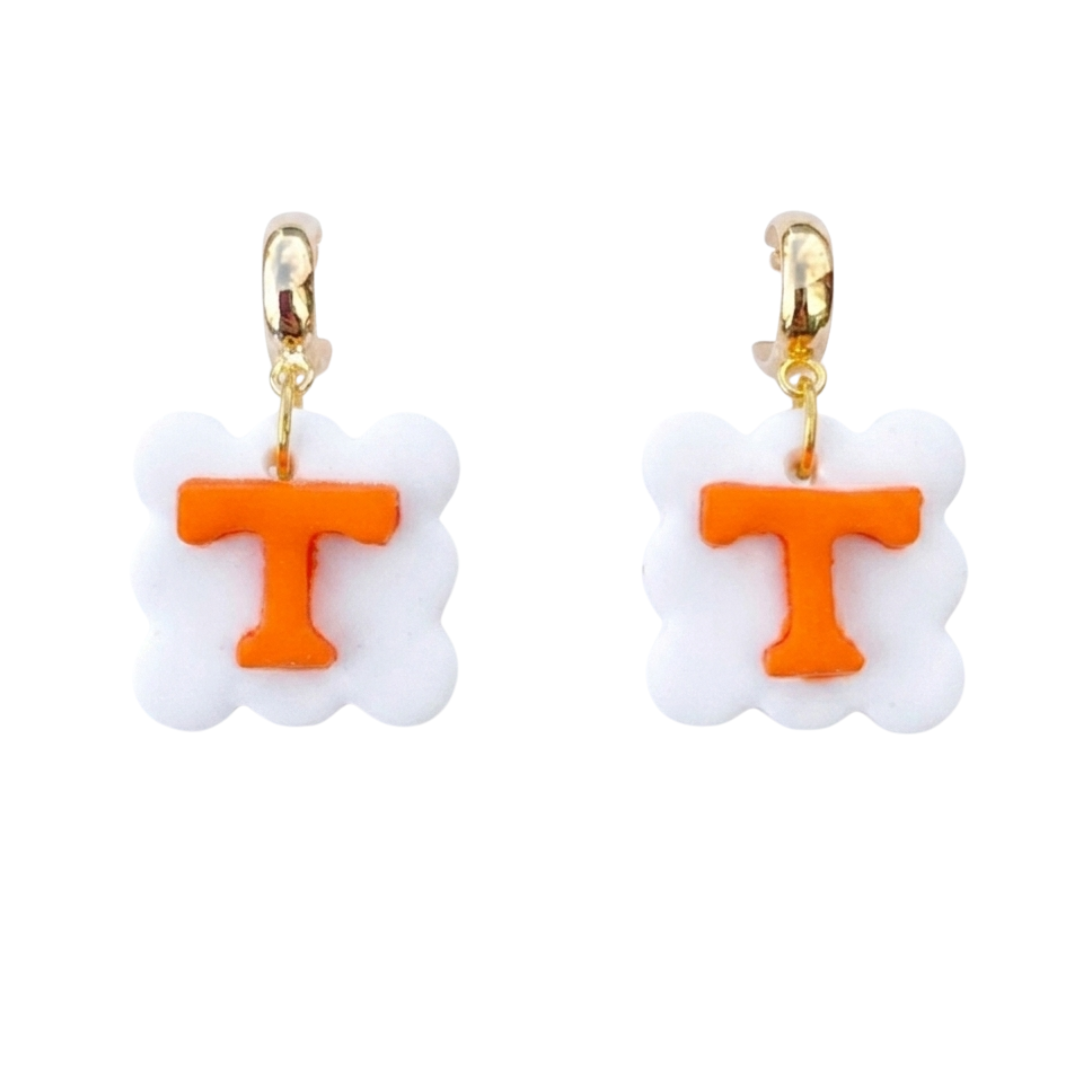 Tennessee Power T Scallop Huggie Earrings – White, Gold & Pale Blue