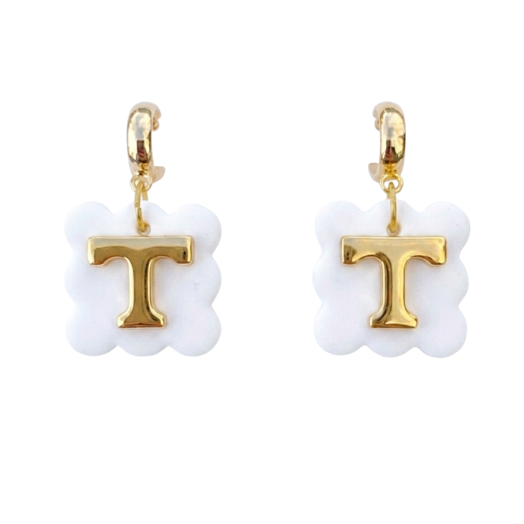 Tennessee Power T Scallop Huggie Earrings – White, Gold & Pale Blue