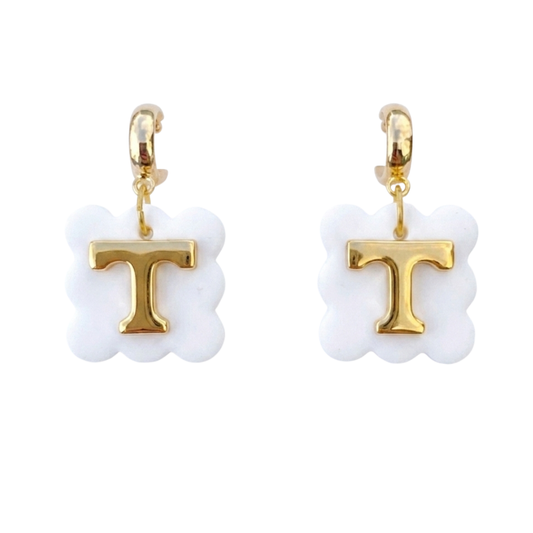 Tennessee Power T Scallop Huggie Earrings – White, Gold & Pale Blue