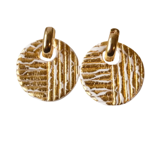 White and gold textured polymer clay huggie hoop earrings on gold-filled hoops, handmade by Sweet Tree Jewelry