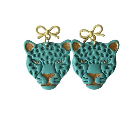 Teal and Gold Jaguar Bow Earrings