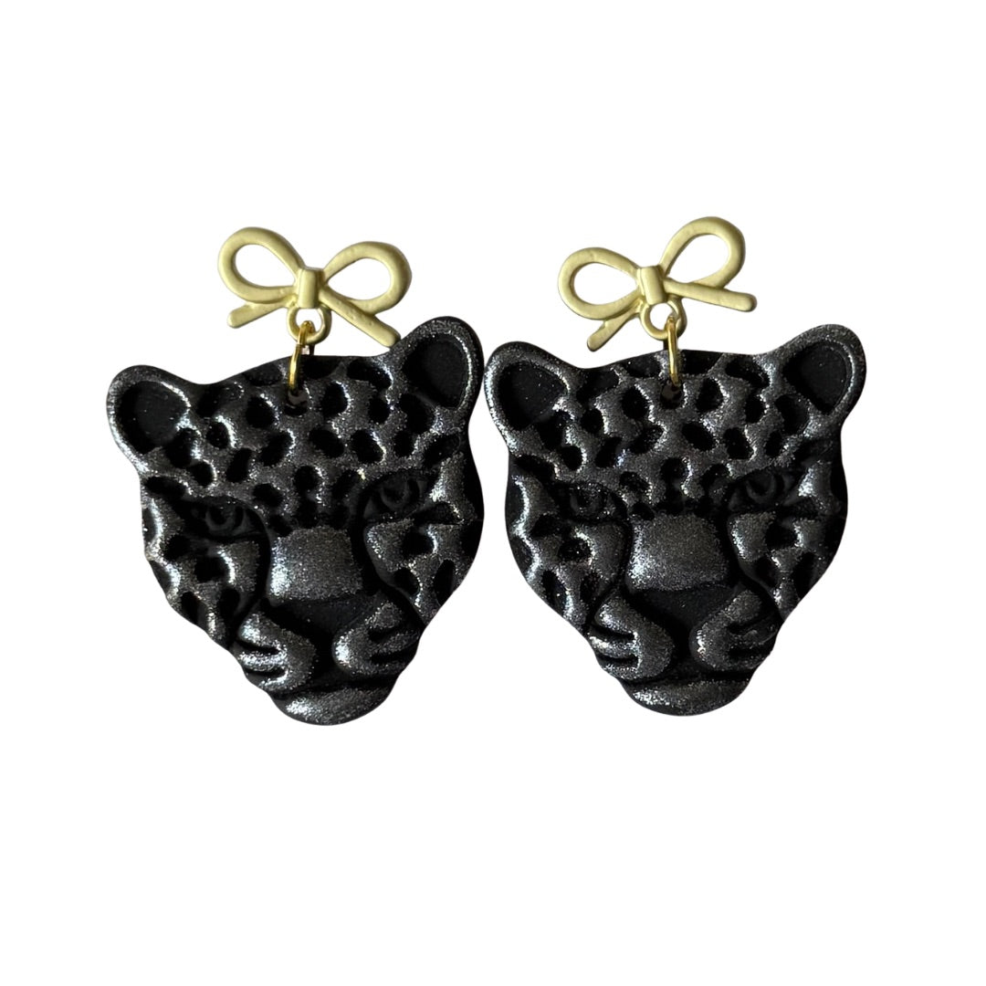Metallic Black Jaguar Bow Earrings