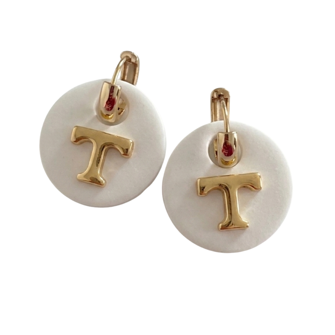 Tennessee Power T Huggie Hoop Earrings – White & Gold