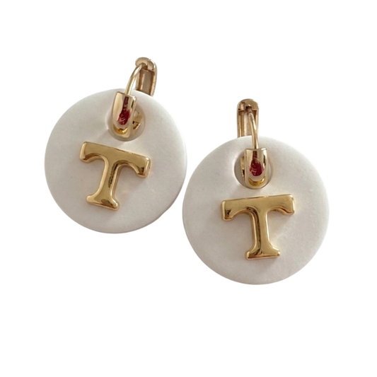 Tennessee Power T Huggie Hoop Earrings – White & Gold