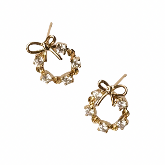 Wreath Bow Stud Earrings – Gold Christmas
